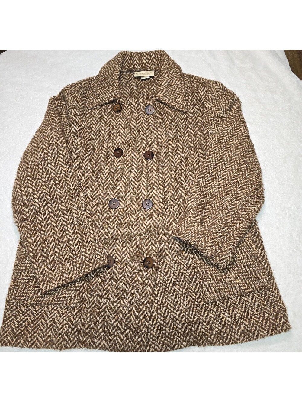 Vintage Boyne Valley Weavers Herringbone Tweed Wool Coat Jacket Ireland Brown L